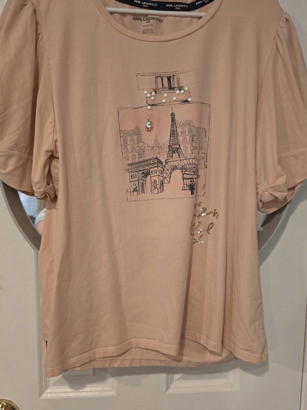 Karl Lagerfeld Blush Pink Pearl-Embellished Paris Graphic Tee
